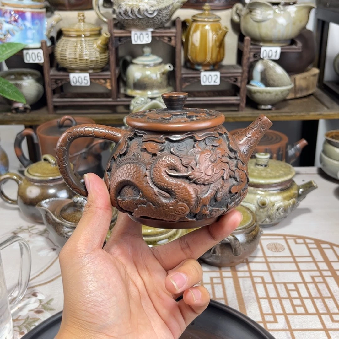 240cc满雕龙石瓢壶，建水紫陶全手工制作