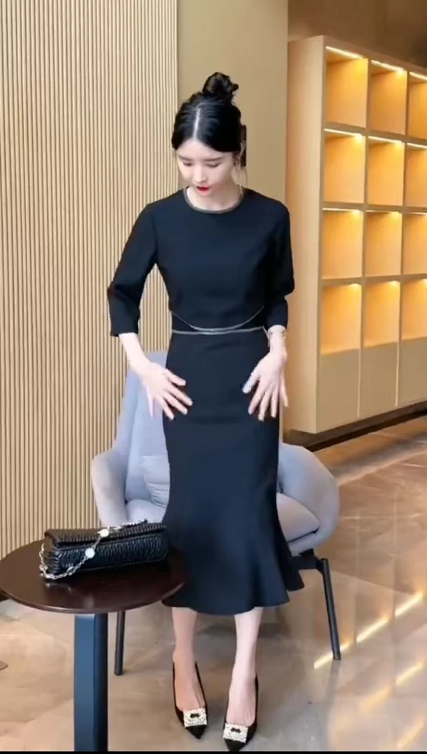 2025春季时尚烫钻七分袖中长款显瘦百搭气质鱼尾裙