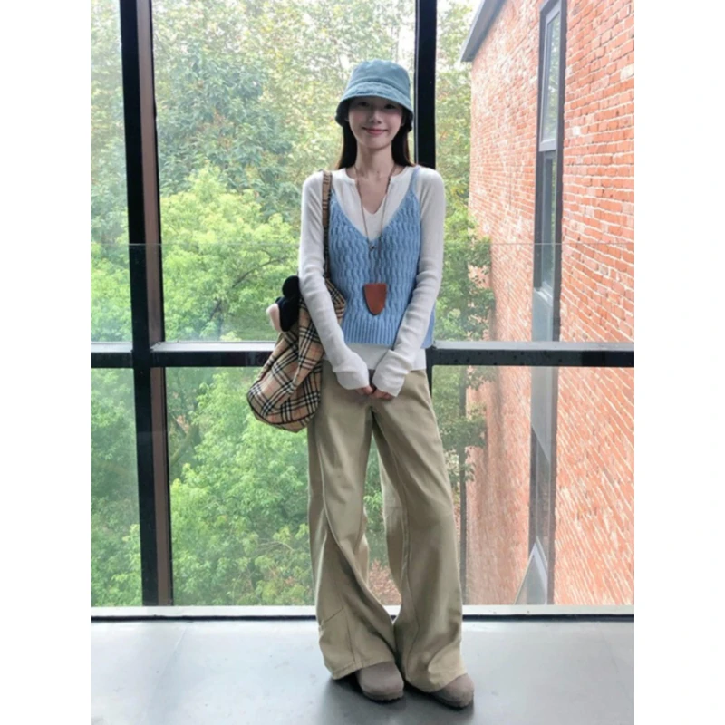 卡其色设计感拼接阔腿牛仔裤女2025宽松显瘦美式垂感小个子拖地裤