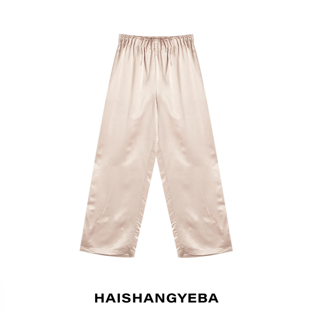 【海上叶爸】新款2025夏季百搭醋酸松紧腰阔腿通勤休闲裤