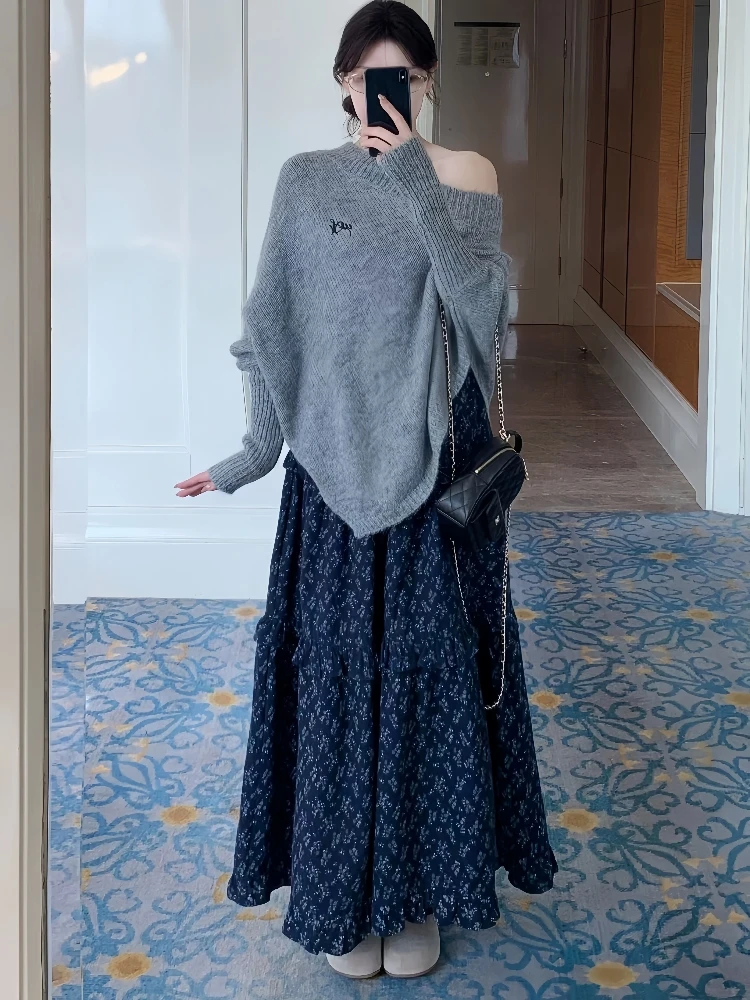 2025秋季时尚高级感慵懒风灰色针织衫女百搭显瘦碎花半身裙两件套