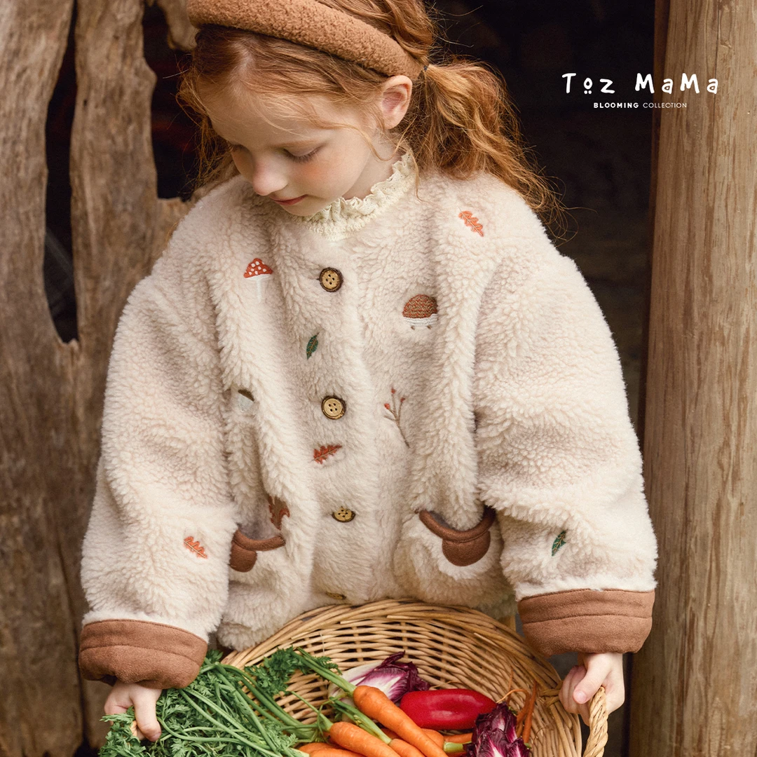 Toz Girls豆几妈女童秋冬绣花拼接毛毛长袖儿童保暖可爱开襟外套