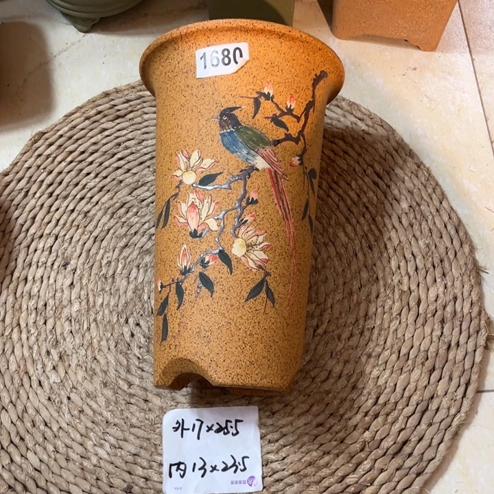 紫砂花盆  柴烧必入款 玉兰彩绘直筒1680
