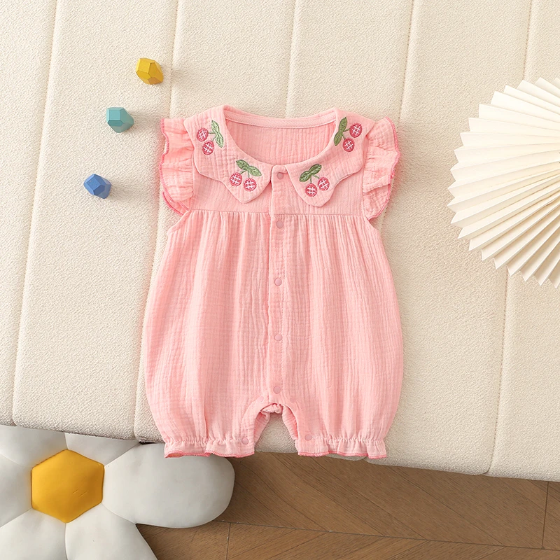 夏季韩版樱桃纱布夏哈衣女爬服甜美宝宝哈衣女童公主幼儿薄款