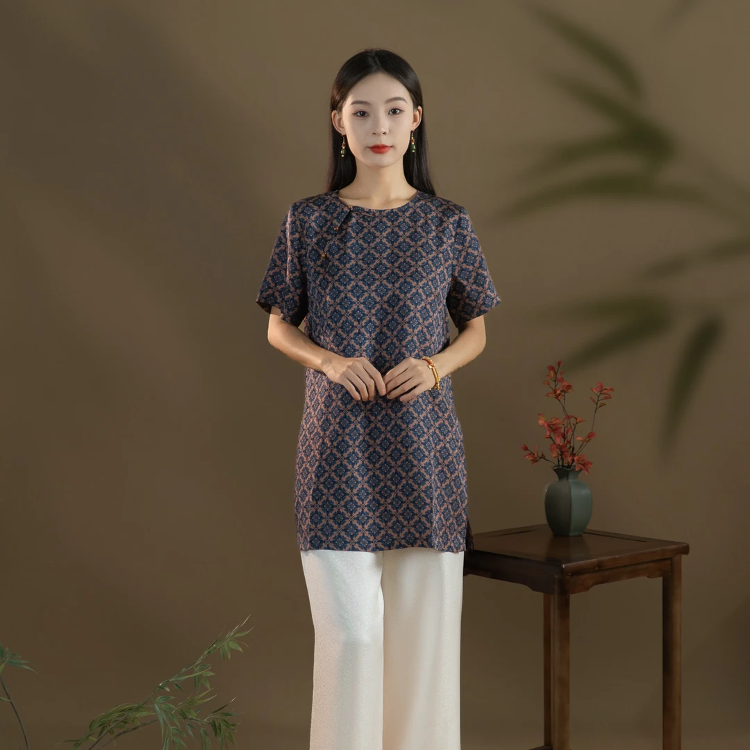 芬领-疏影-100%桑蚕丝香云纱前喷四经绞罗短袖奥黛罩衫上衣SY2528