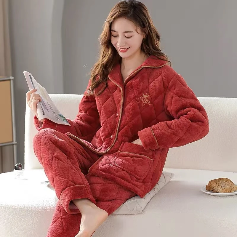 【夹棉】女士女冬季新款法兰绒三层加厚夹棉袄保暖可外穿家居服加绒