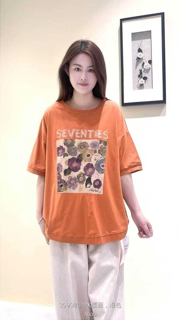 夏季大码女装新款圆领套头文艺T恤衫宽松遮肉印花休闲短袖上衣