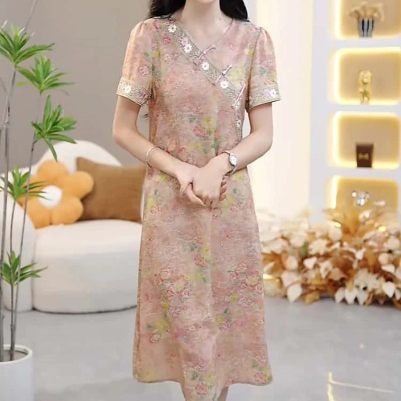 2025夏季新款优雅高端精致中式改良旗袍印花修身显瘦中长款连衣裙