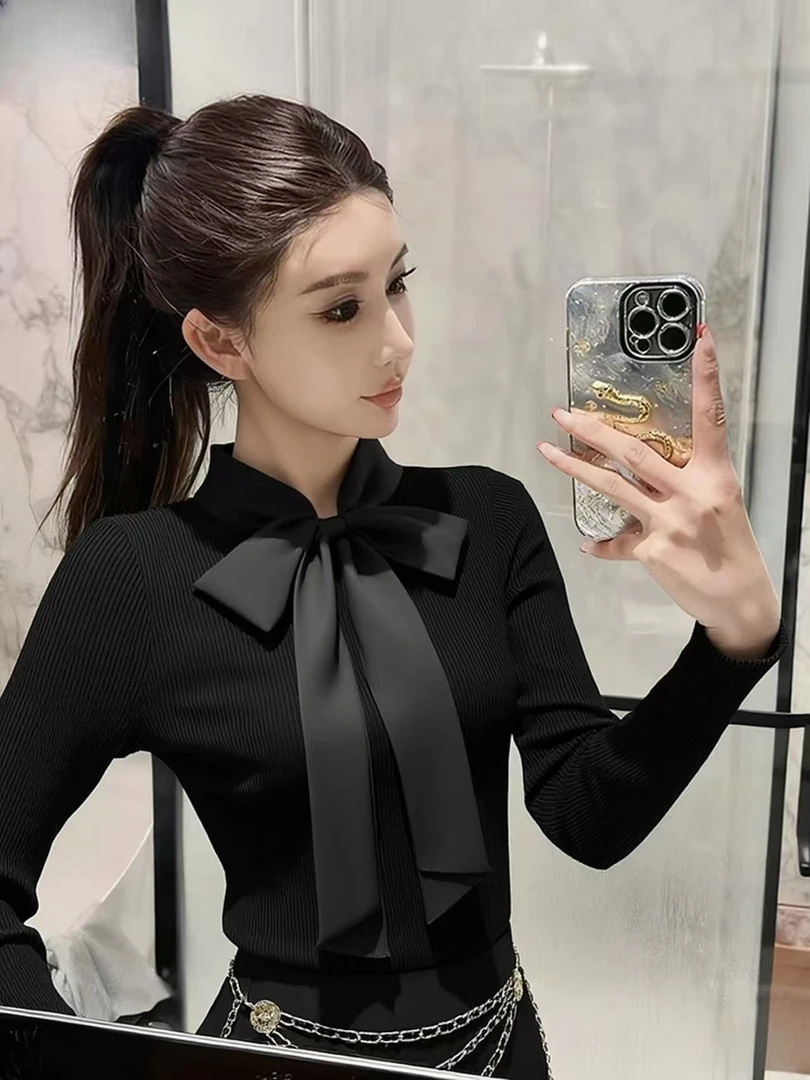 SS5455绝美上衣设计感独特漂亮气质高端掐腰黑色蝴蝶结上衣秋冬