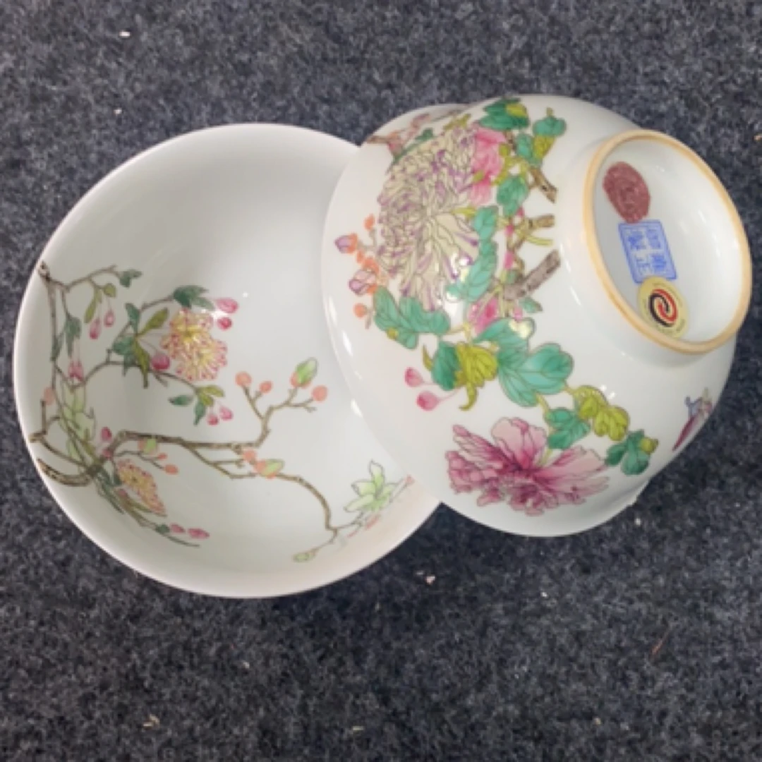 穿墙牡丹玉兰对碗手绘