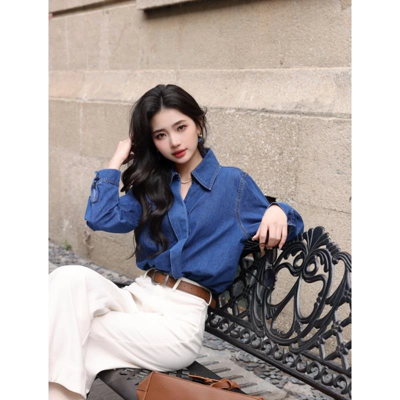 丁佳欣【托斯卡纳】港风复古长袖牛仔衬衫女宽松显瘦上衣JS1113114