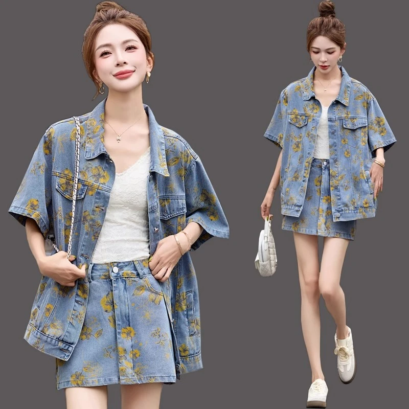 衬衫慵懒风时尚牛仔套装复古港风休闲风上衣复古韩版炸街碎花短裙