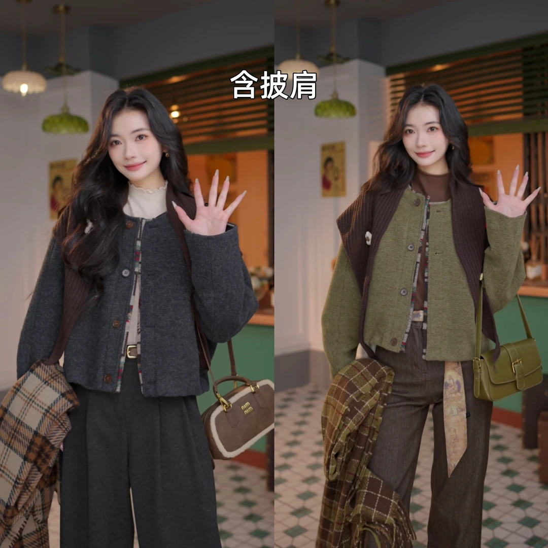 丁佳欣【燕麦甜茶】气质港风时尚秋冬毛呢短外套女DM2477266