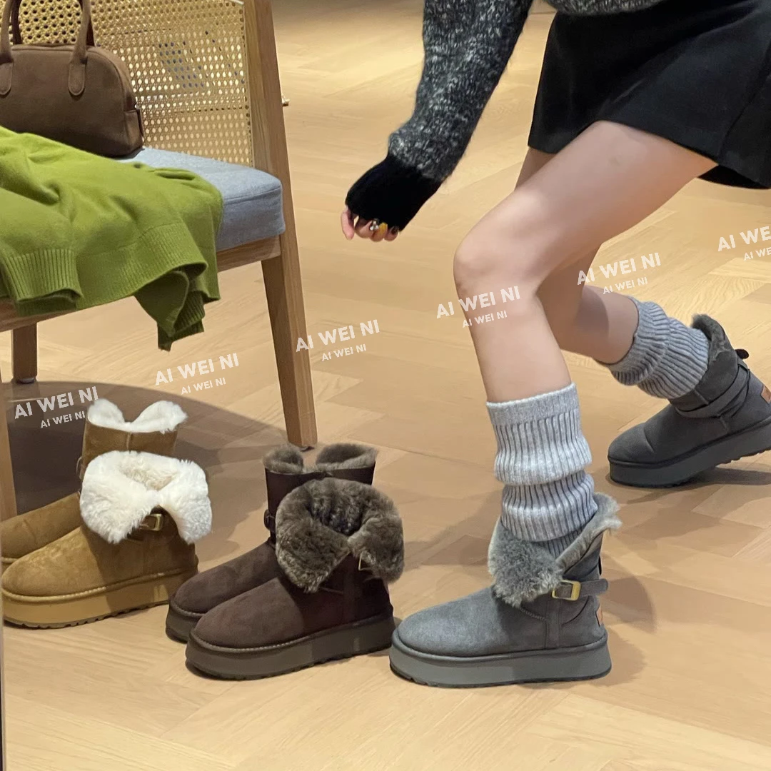 AIWEINI ～灰色雪地靴女冬季新款厚底增高加绒加厚长筒雪地棉鞋