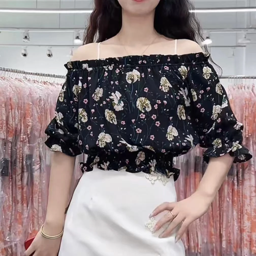 【幻彩SJ】NN1145-时尚女装设计感小衫一字肩宽松百搭洋气