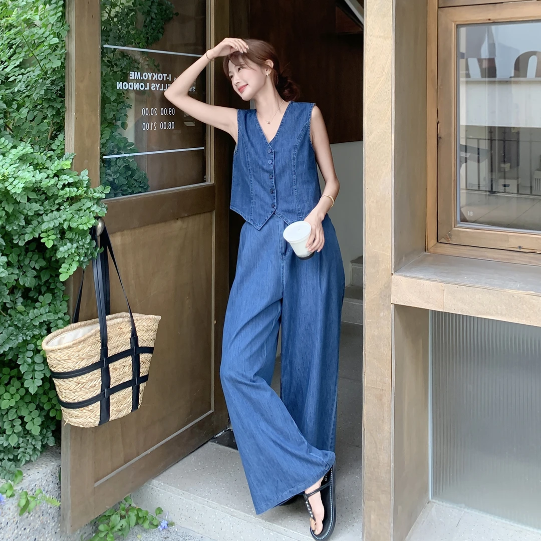 港味复古老钱风牛仔马甲套装女2025夏季新款高腰休闲阔腿裤两件套