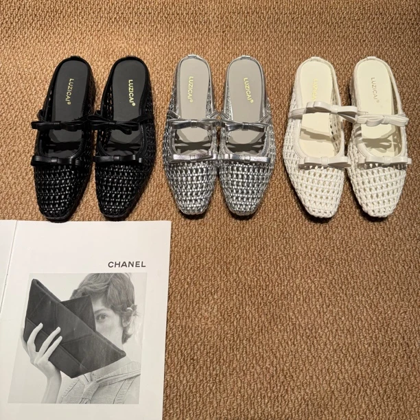 979-1法式复古真皮编织包头半拖女方头镂空洞洞蝴蝶结一字带拖鞋