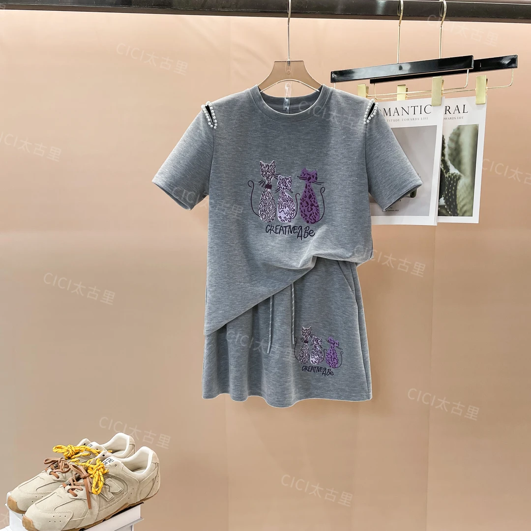猫咪联盟 法式露肩刺绣猫咪短袖T恤+高腰半身裙两件套LL-4000066