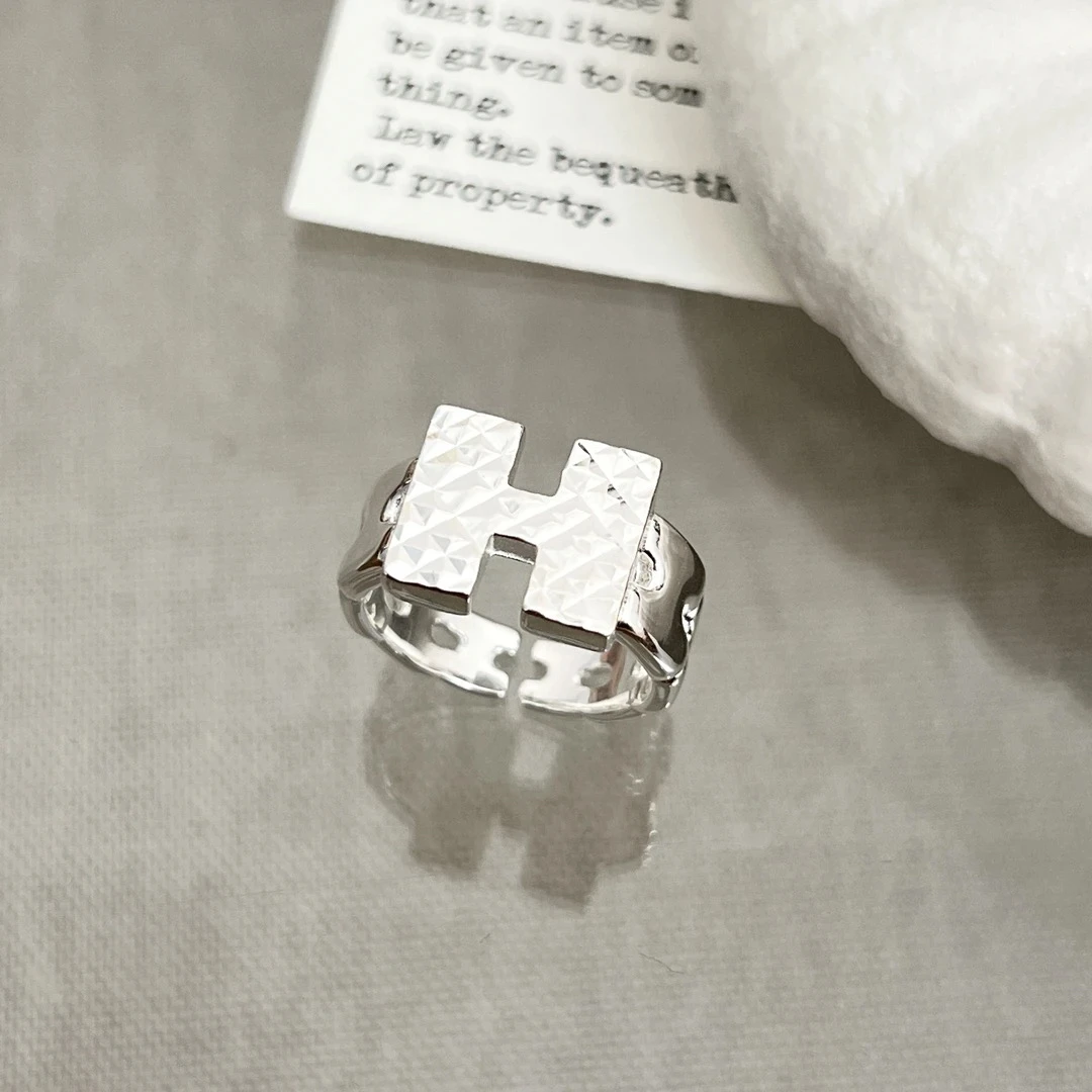 925银戒指 韩版时尚小众冷淡风车花大H拼接开口银戒指