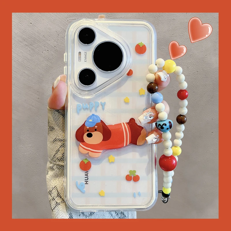 适用华为pura70pro+手机壳p60pro透明格纹立体腊肠狗mate70/60pro