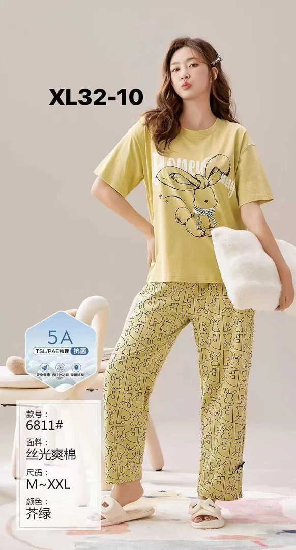 6811夏季丝光爽棉女士短袖九分裤女家居服