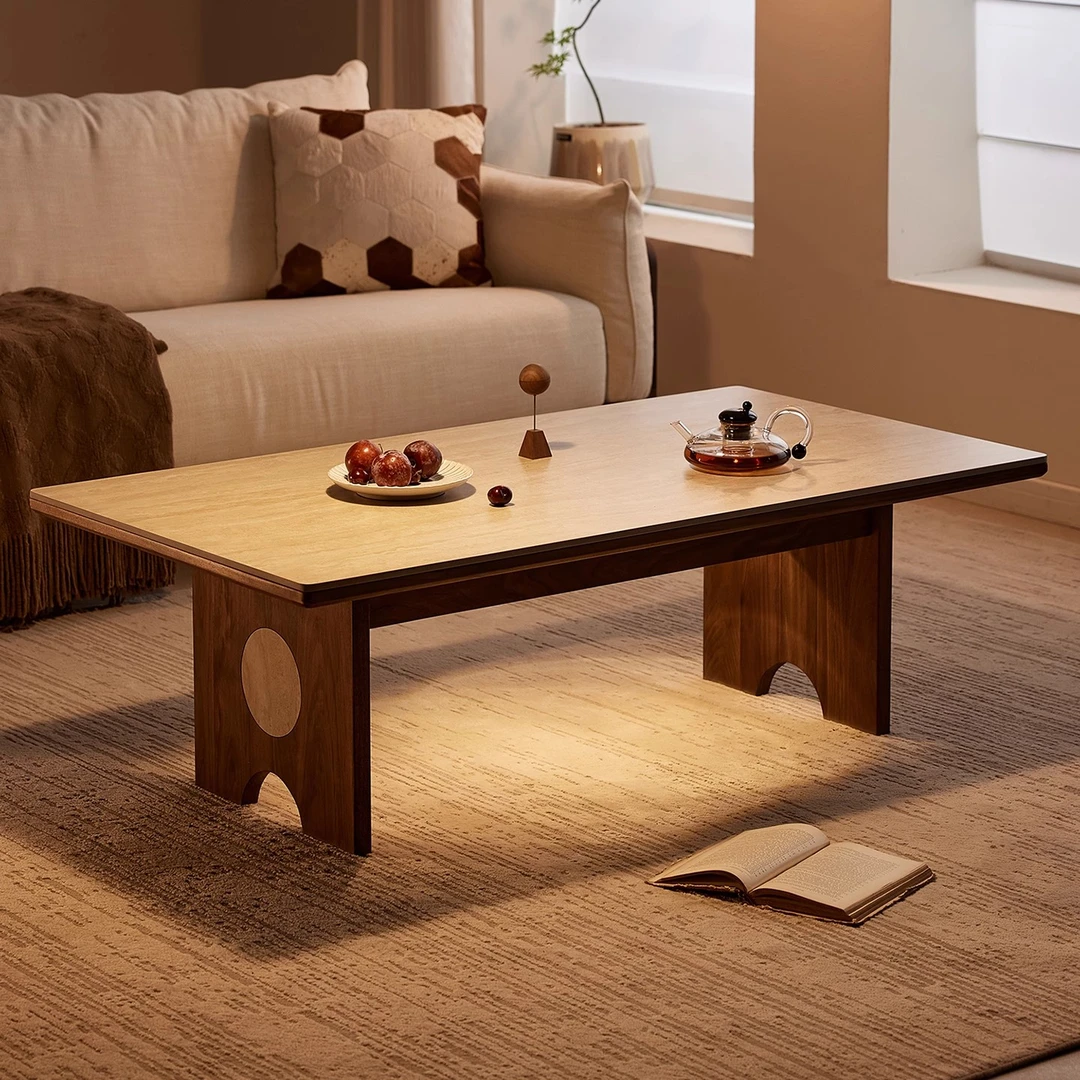 北美黑胡桃木洞石岩板茶几中古风客厅家用实木茶几家用设计师