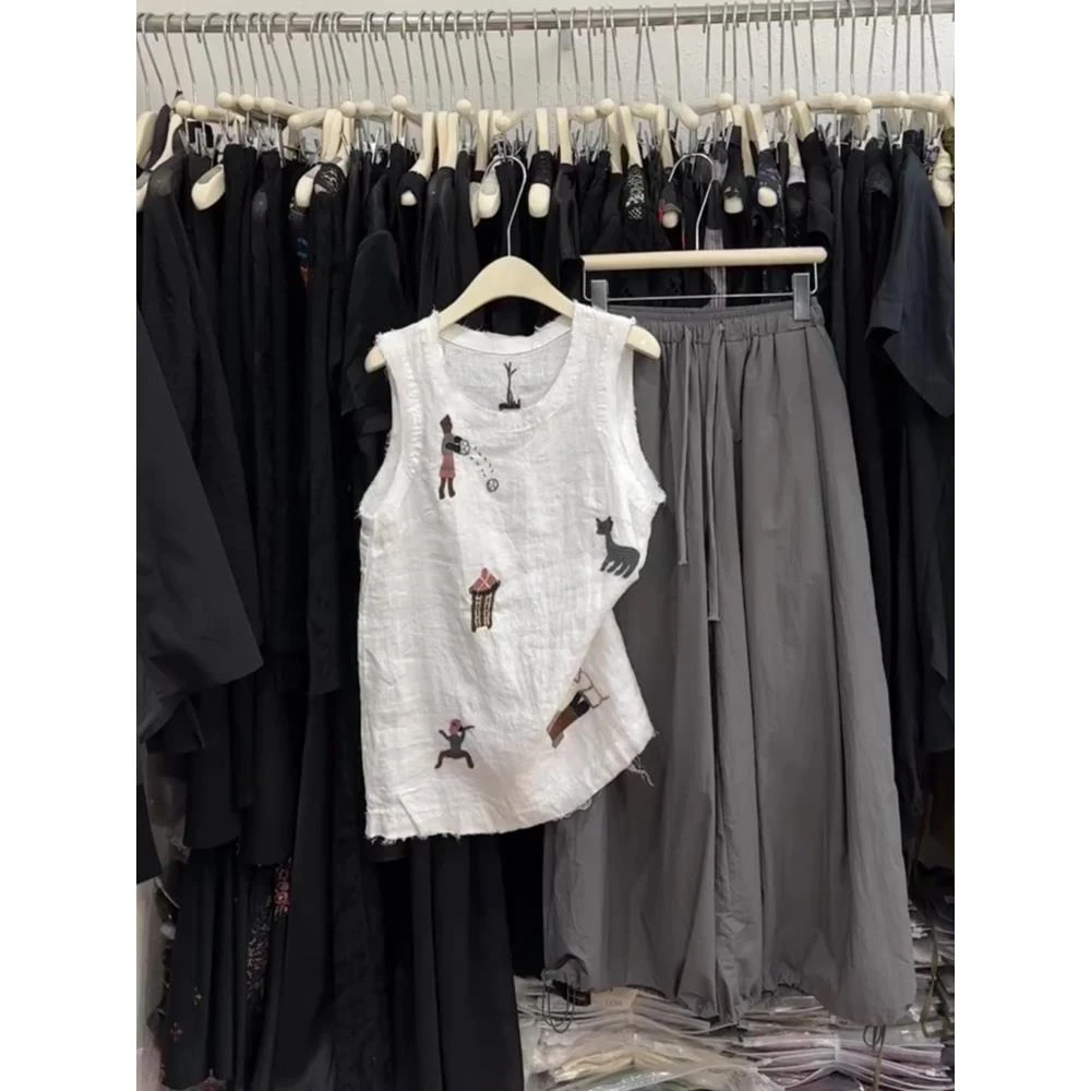 伊苞shij加大码300斤美式亚麻重工刺绣无袖上衣男女夏季中长款马