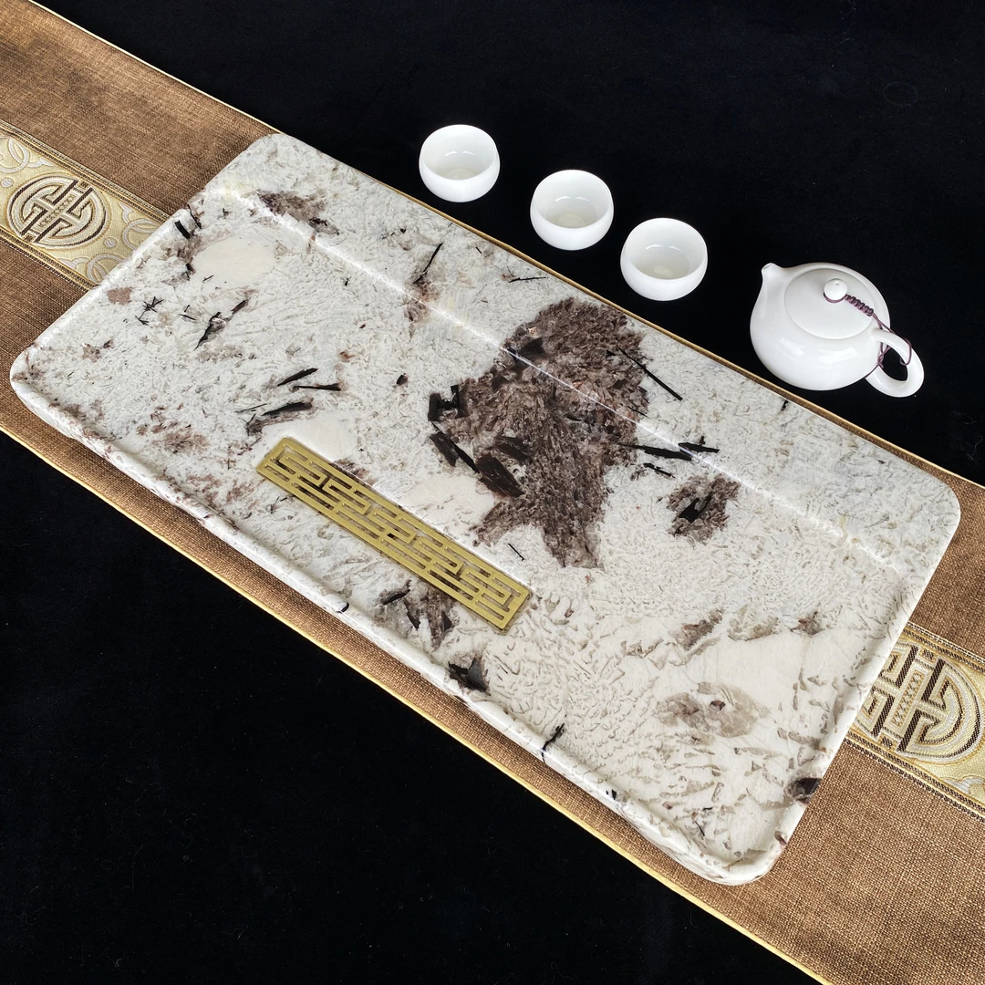 天然奢石雪山兰湿泡茶盘60*30石材茶具六面烤漆保真正品轻奢茶托