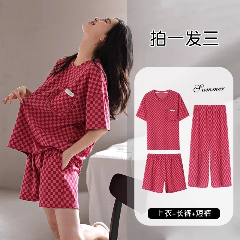2025新款睡衣女夏纯棉短袖短裤棋盘格子薄款长裤家居服红色三件套