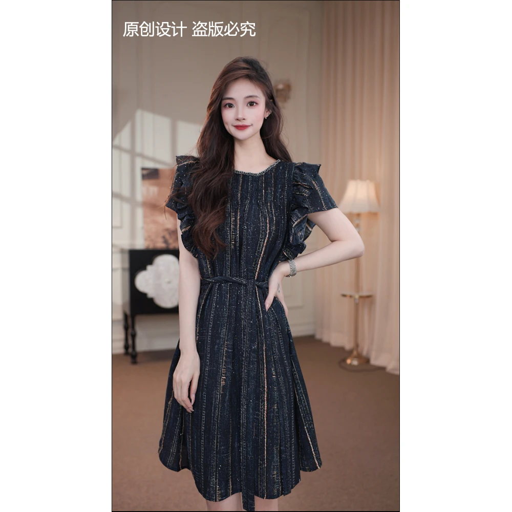 宁宁·月落星河·夏季新款法式捏褶拼接显瘦设计感连衣裙-90926