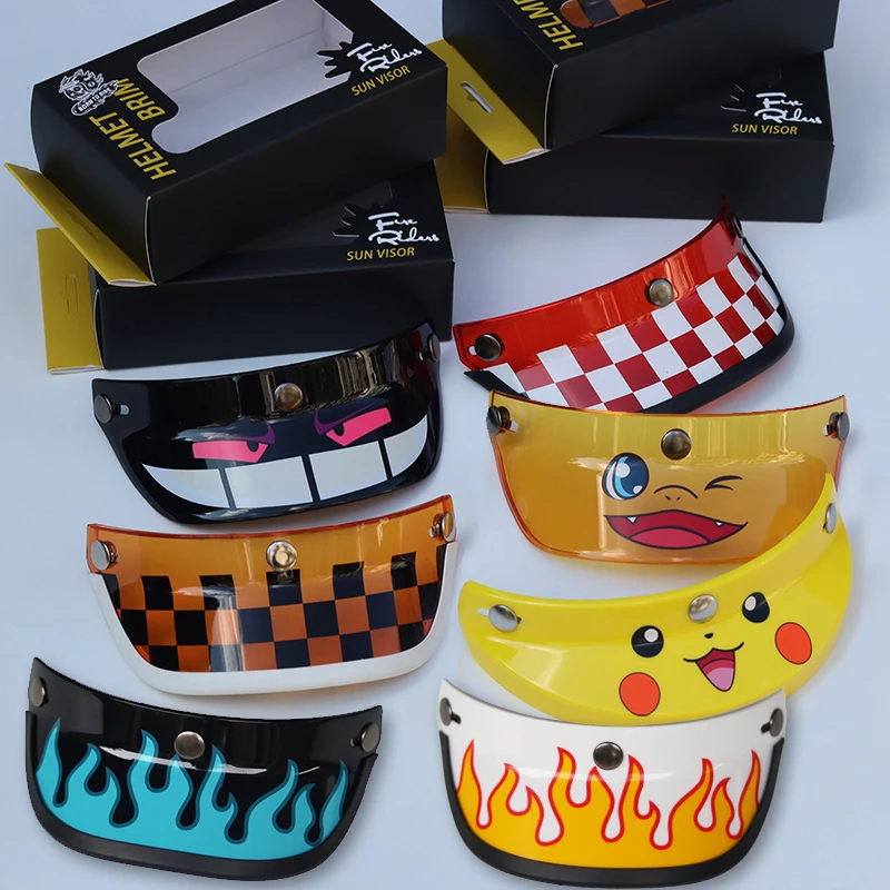 Fireriders复古哈雷摩托车头盔棋盘格帽檐遮阳板配件通用卡通火焰