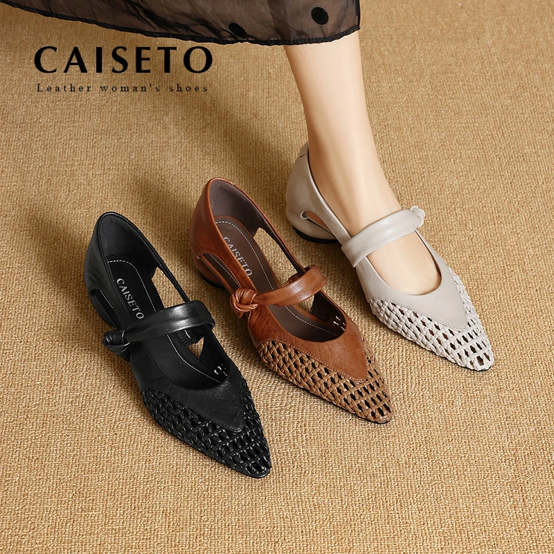 牛皮/3.5cm2025浅口镂空时尚尖头百搭低跟单鞋舒适真皮女鞋25D394