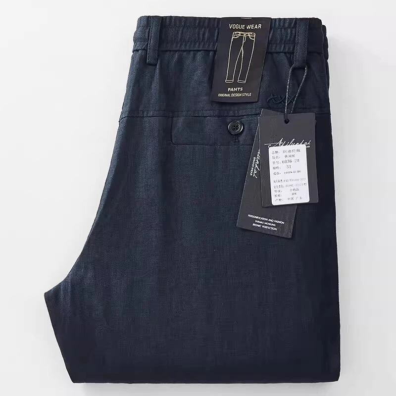 夏季高端100%纯亚麻薄款透气商务休闲裤 男士松紧腰宽松直筒长裤
