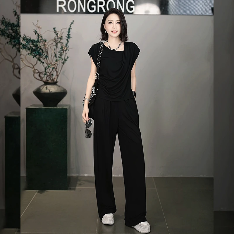 溶溶【曼哈顿夜】RONGRONG 醋酸莫代尔休闲慵懒显瘦短袖套装W-B0021