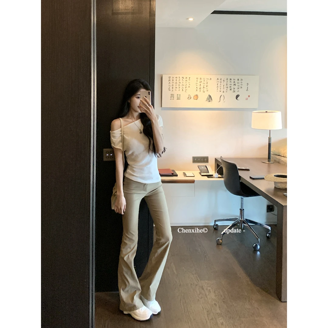 何晨曦 卡其微喇抗皱休闲裤高腰弹力新款气质修身显瘦裤子 T0606K