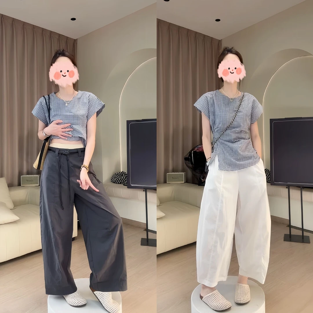 2025夏季新款韩系简约圆领显瘦格子上衣+休闲宽松百搭阔腿裤套装