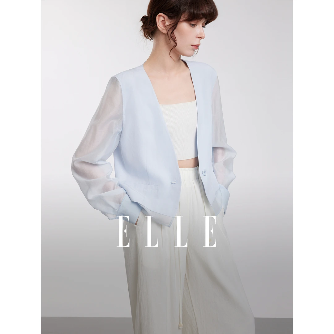 ELLE莱赛尔天丝V领短款西装外套女2025夏季新款设计感上衣EX51200