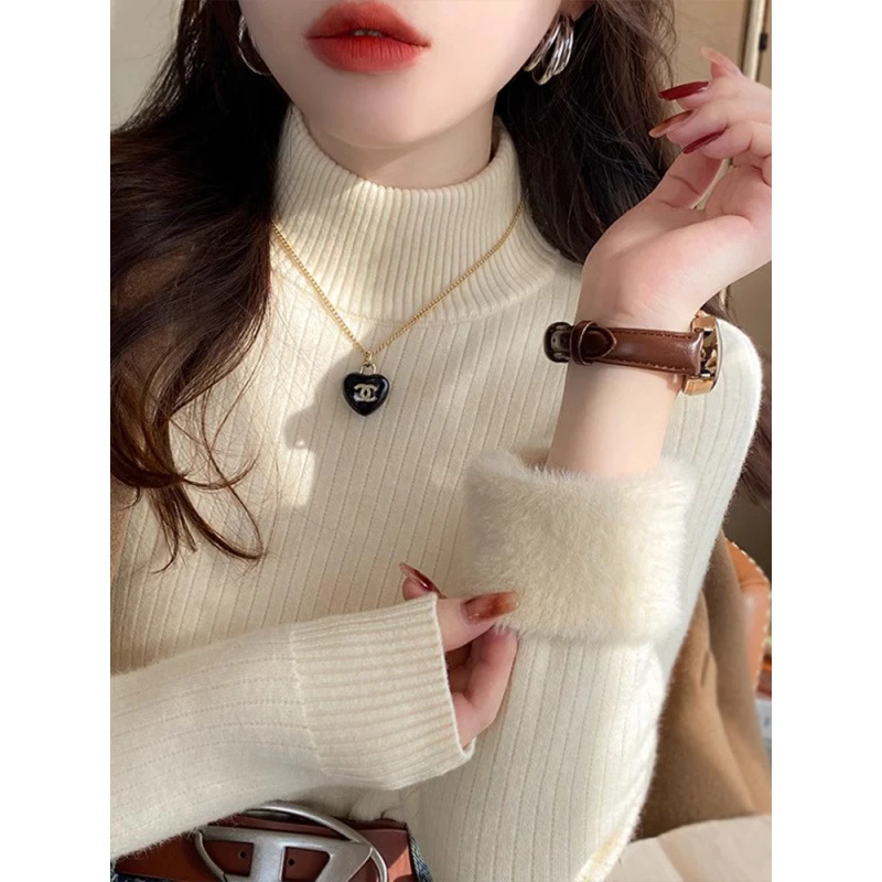 加绒毛衣女冬季加厚内搭半高领打底衫2024新款秋冬高级感针织上衣