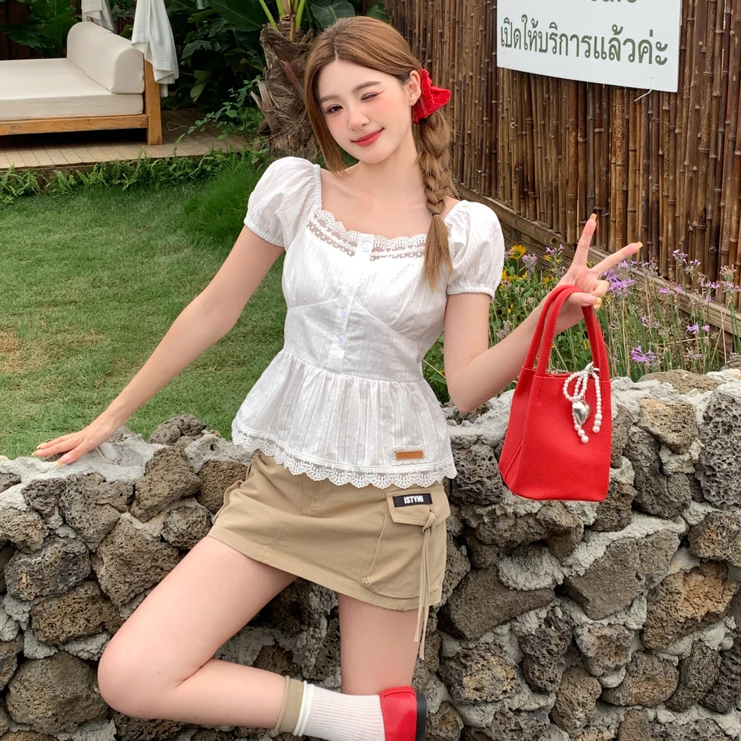 ISTYNI设计师白色花边收腰小清新衬衣夏新款女