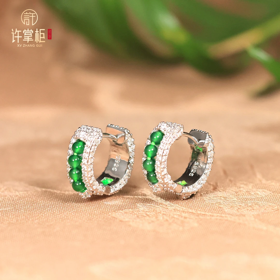 许掌柜｜S925银翡翠小米珠耳扣耳饰天然翡翠A货气质百搭个性配饰