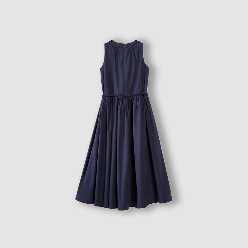Max同款2025夏季新款100天丝棉材质褶皱圆领藏青连衣裙女25Q6107