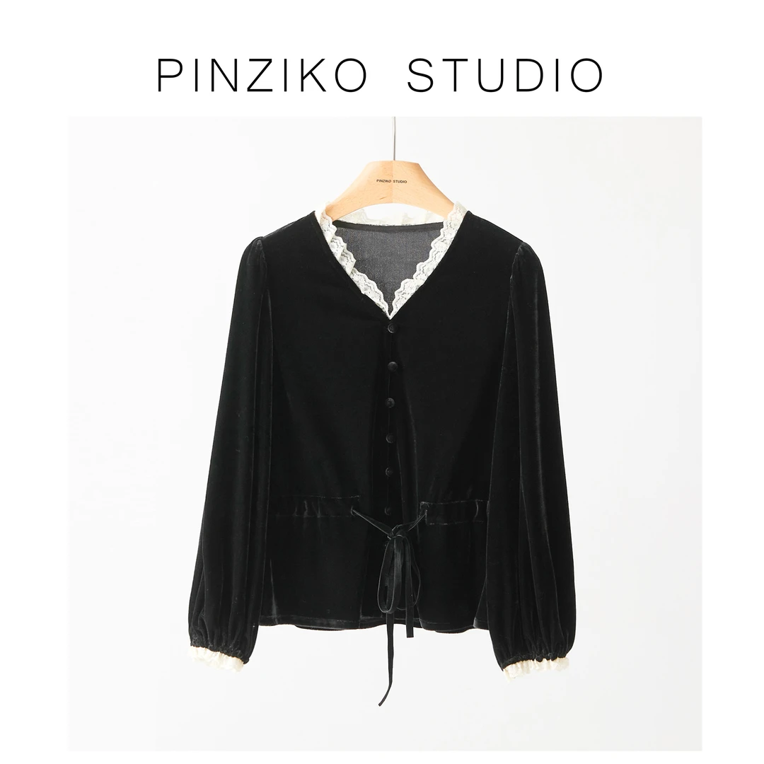 【年终宠粉大促】【PINZIKO】雪辞~V领花边衬衫TJA518