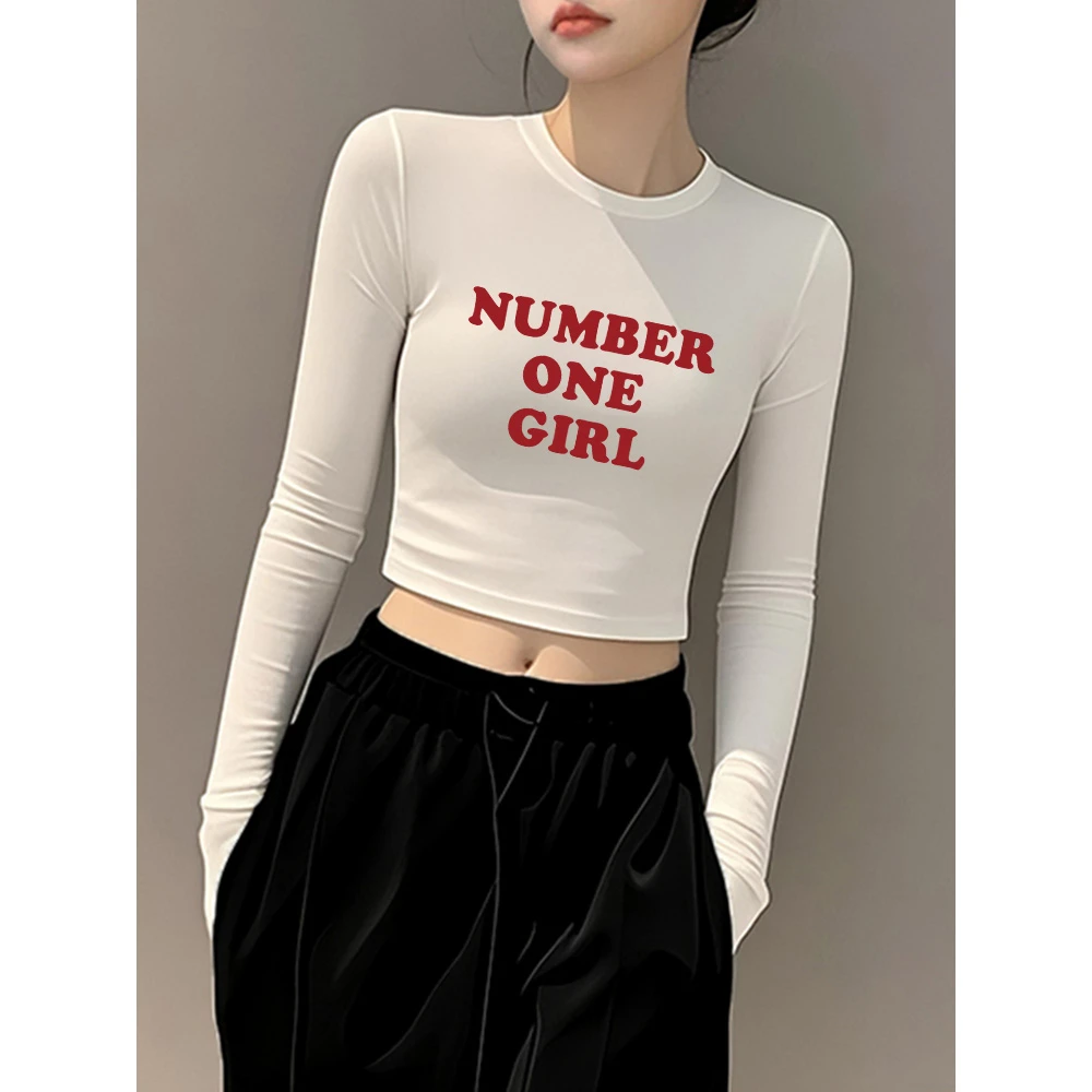 白色红色字母印花打底衫长袖女早秋爆款内搭修身显瘦辣妹短款上衣