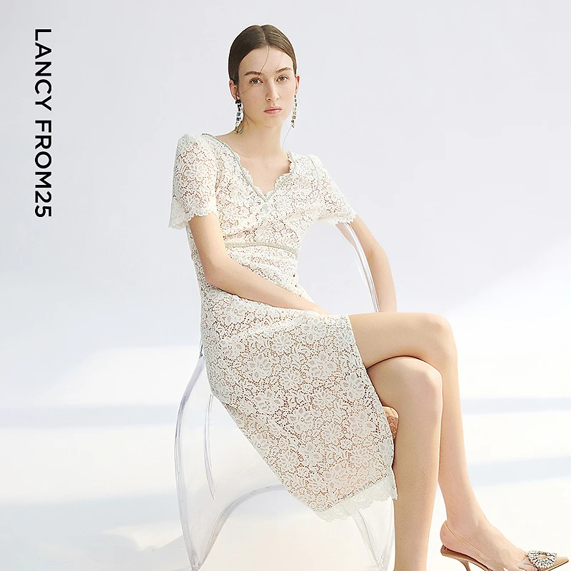 【焦点系列】朗姿2025年夏季新款短袖v领蕾丝褶皱收腰连衣裙女