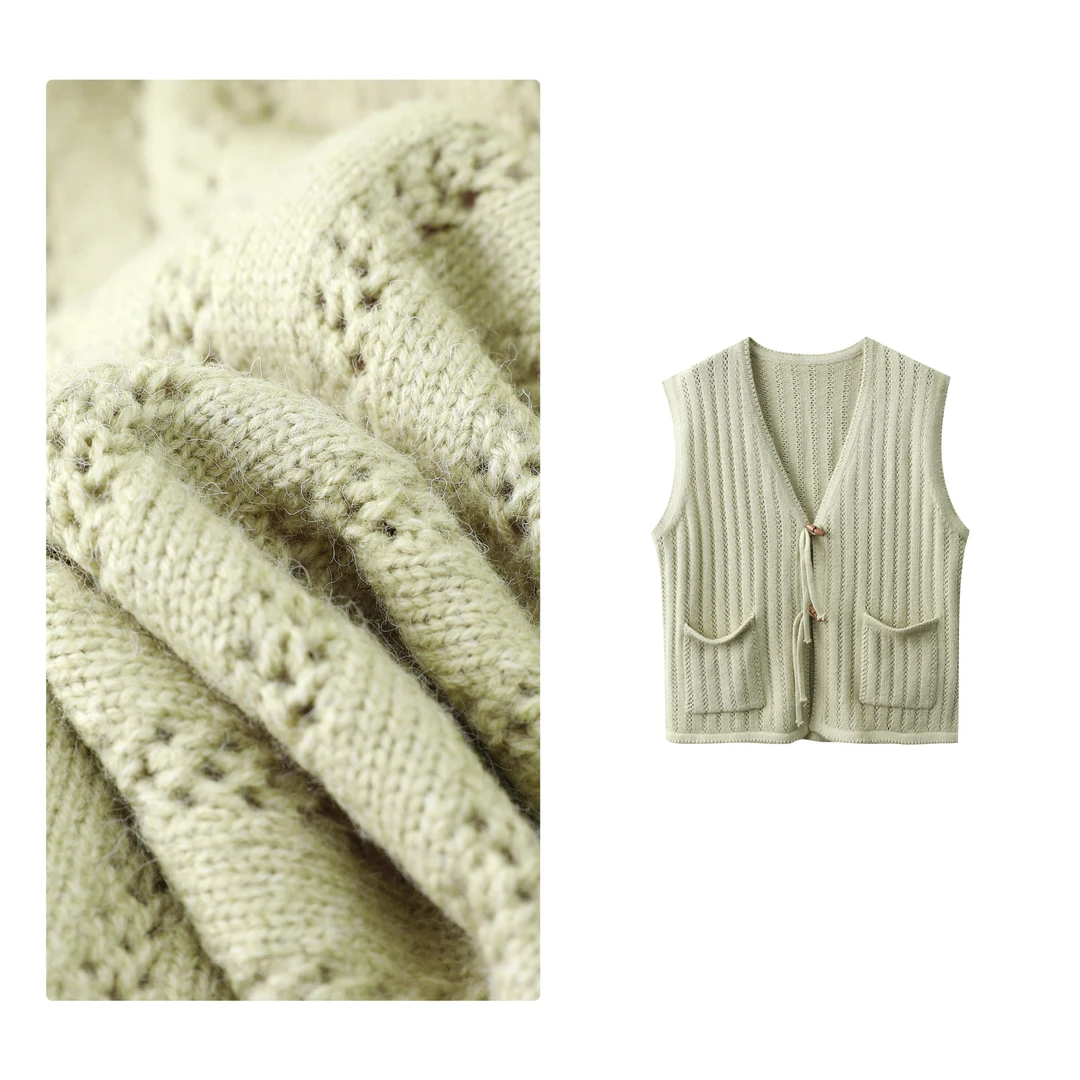 门店16&9！罗衫马甲」坑条镂空流苏扣V领显瘦叠穿针织马甲女 H00809