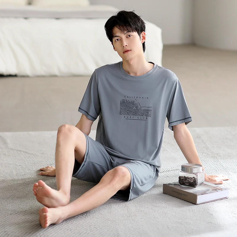 2025夏季短袖短裤男士可外出家居服新款条纹高档睡衣可外穿套装