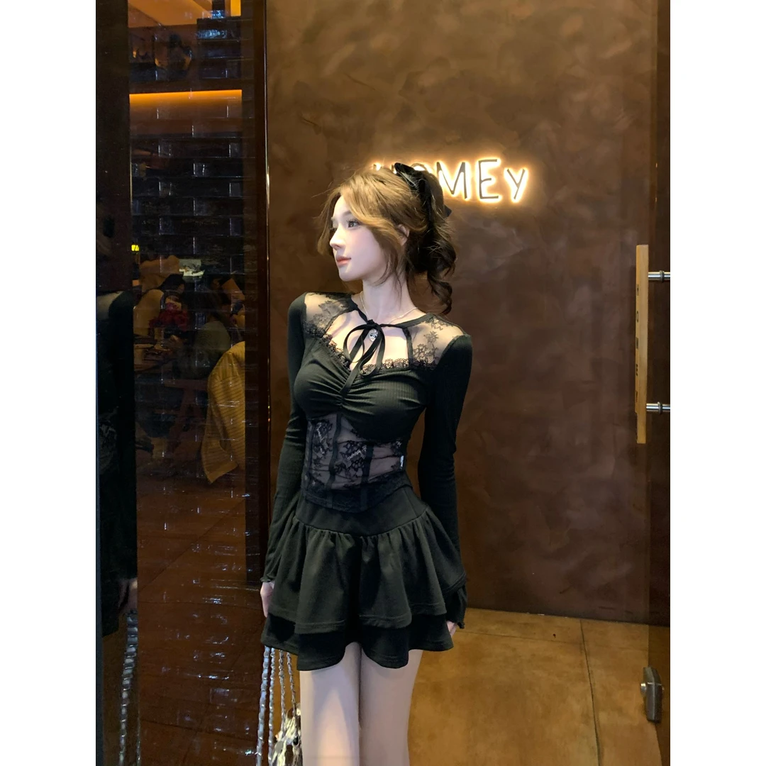 Ke可可少女 新款法式蕾丝拼接长袖纯欲性感鱼骨设计修身系带上衣