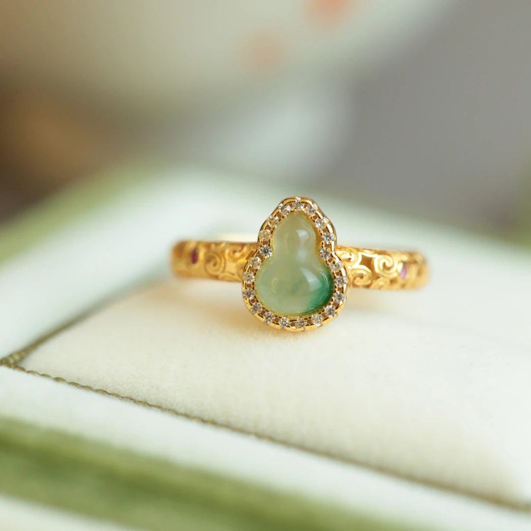 御臻珠宝｜天然非洲翠｜S925银｜戒指葫芦镂空掐丝精美新中式母亲节