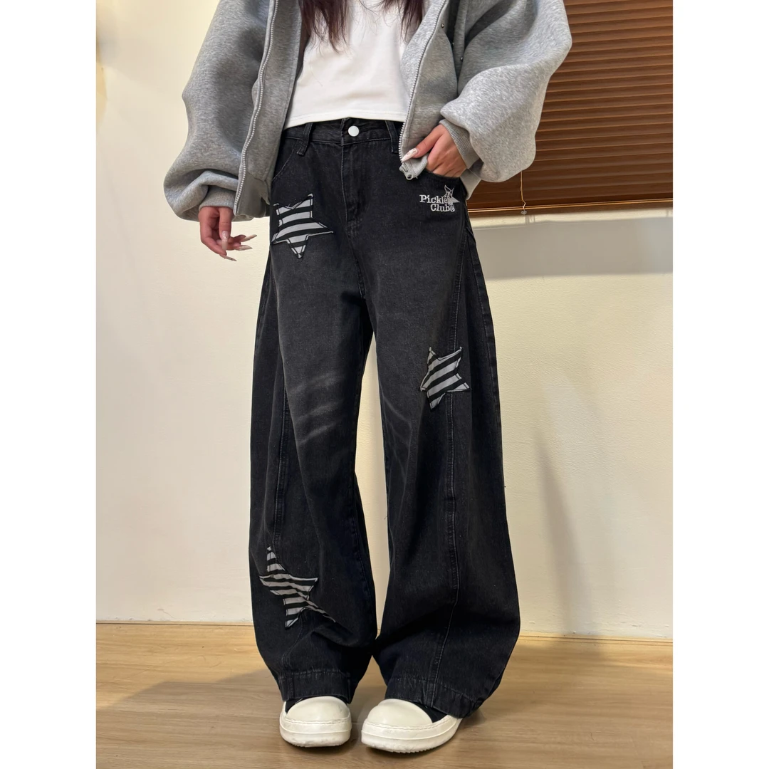 美式高街hiphop情侣弯刀牛仔裤男女设计感宽松阔腿兔耳朵休闲长裤