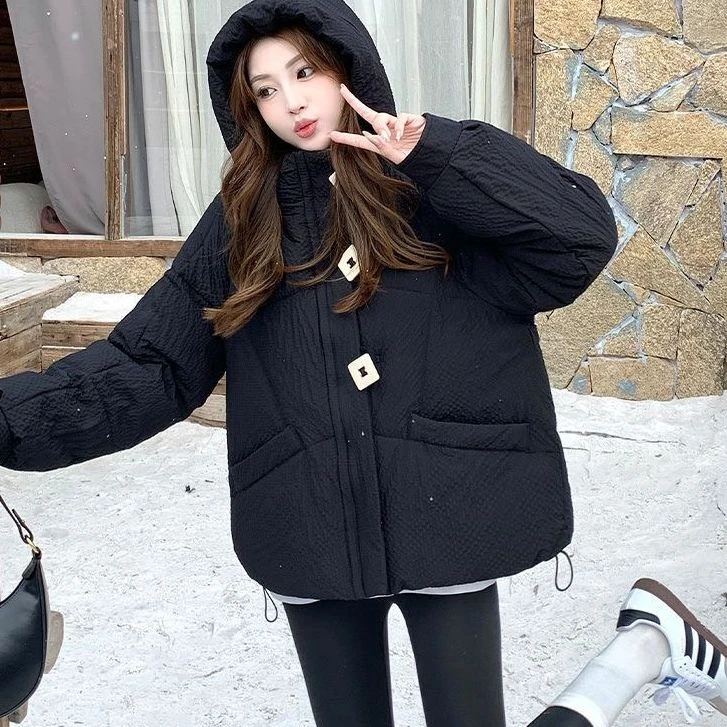 2025新款冬季韩版短款棉服女宽松时尚格子面料加厚连帽棉袄